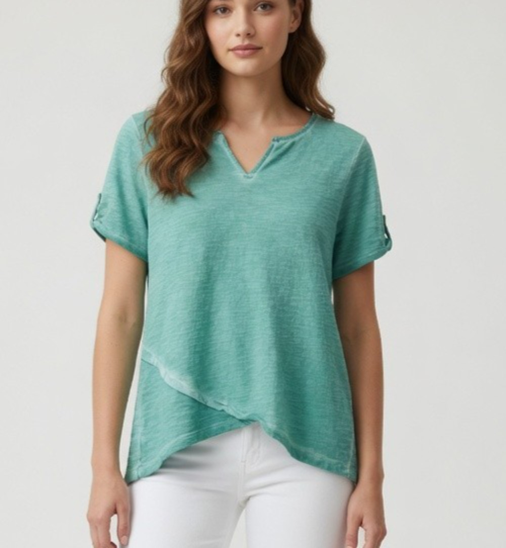 Chicos Size Small Green Slub Cotton Tee Crossover Hem Button Sleeve Casual Top